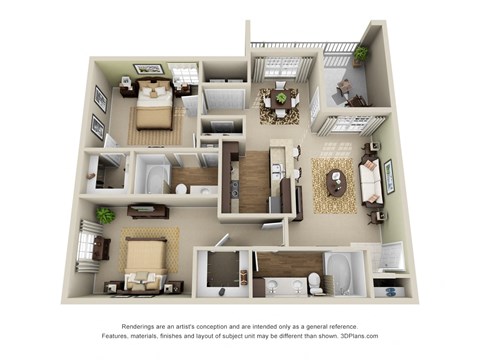 Floor plan for 2 beds, 2 baths, 1040 sqft